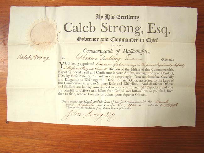 A Massachusetts Military Appointment of Ephraim Goulding to Captain signed by Gov. Caleb Strong on Sept. 11, 1800.